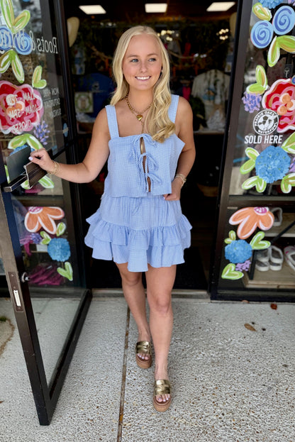 Gingham Bow Tie Front Set- Blue
