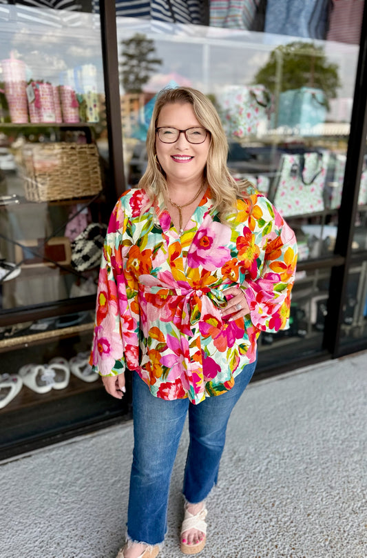 Floral Print Waist Tie Kimono
