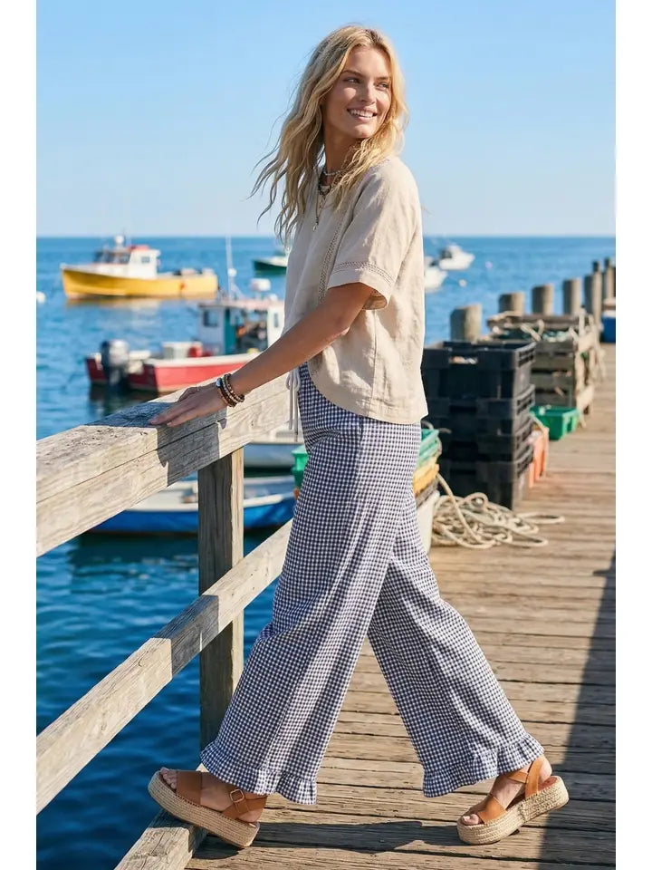 Checkered Gingham Fully Lined Pants - navy