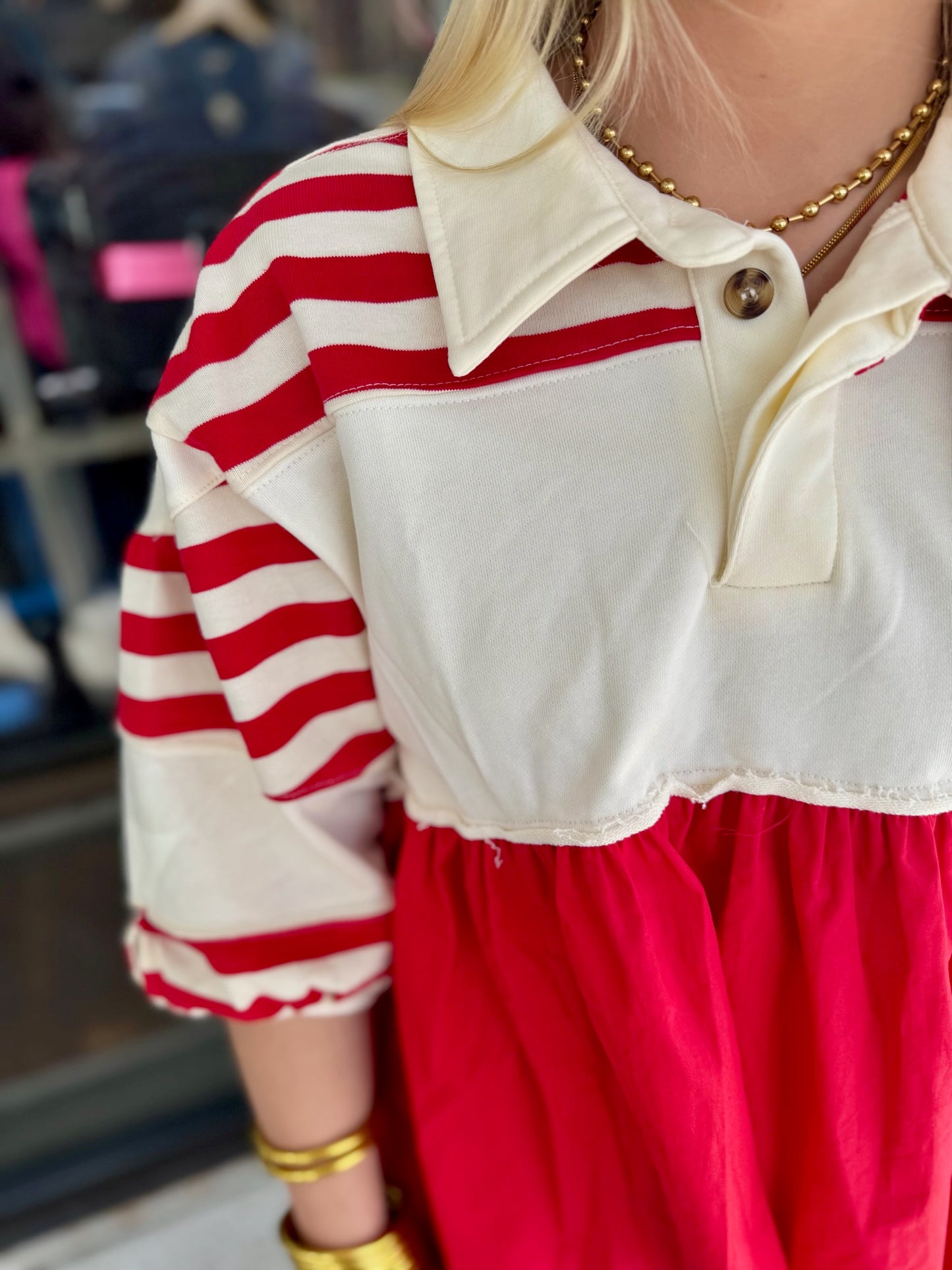 Short Puff Sleeve-Red/Cream