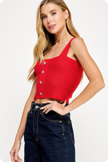 Button Crochet Crop Top- Red