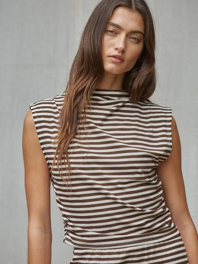 Fine Line Mock Sleeveless Top Knit - cream brown