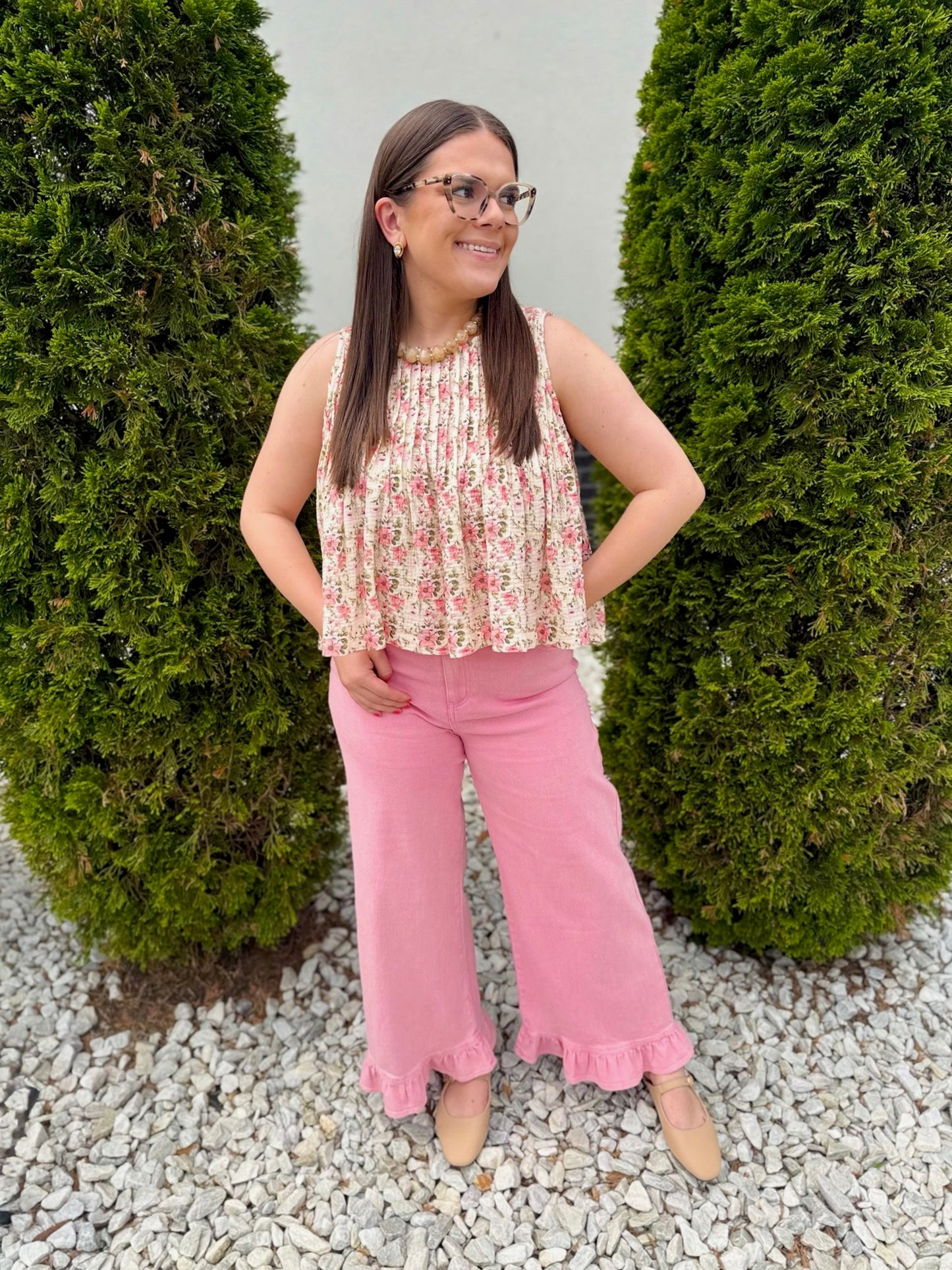 Reba Top - natural/pink floral