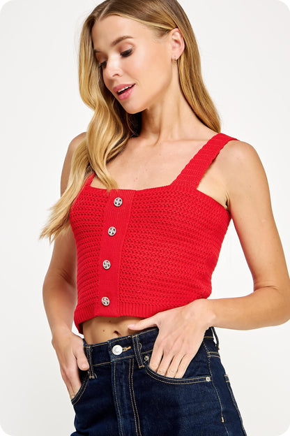 Button Crochet Crop Top- Red