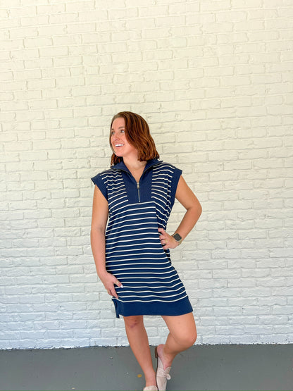 Headed Your Way Dress- Navy Stripe