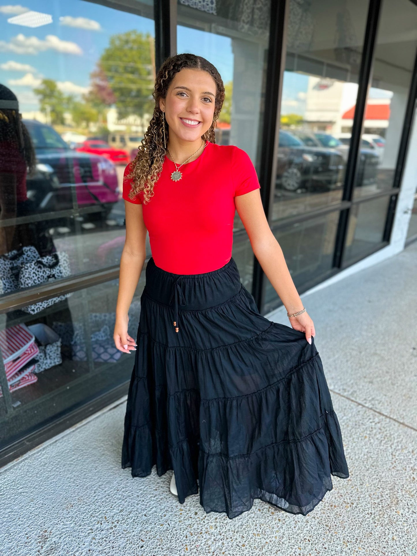 Drawstring Tiered Maxi Skirt