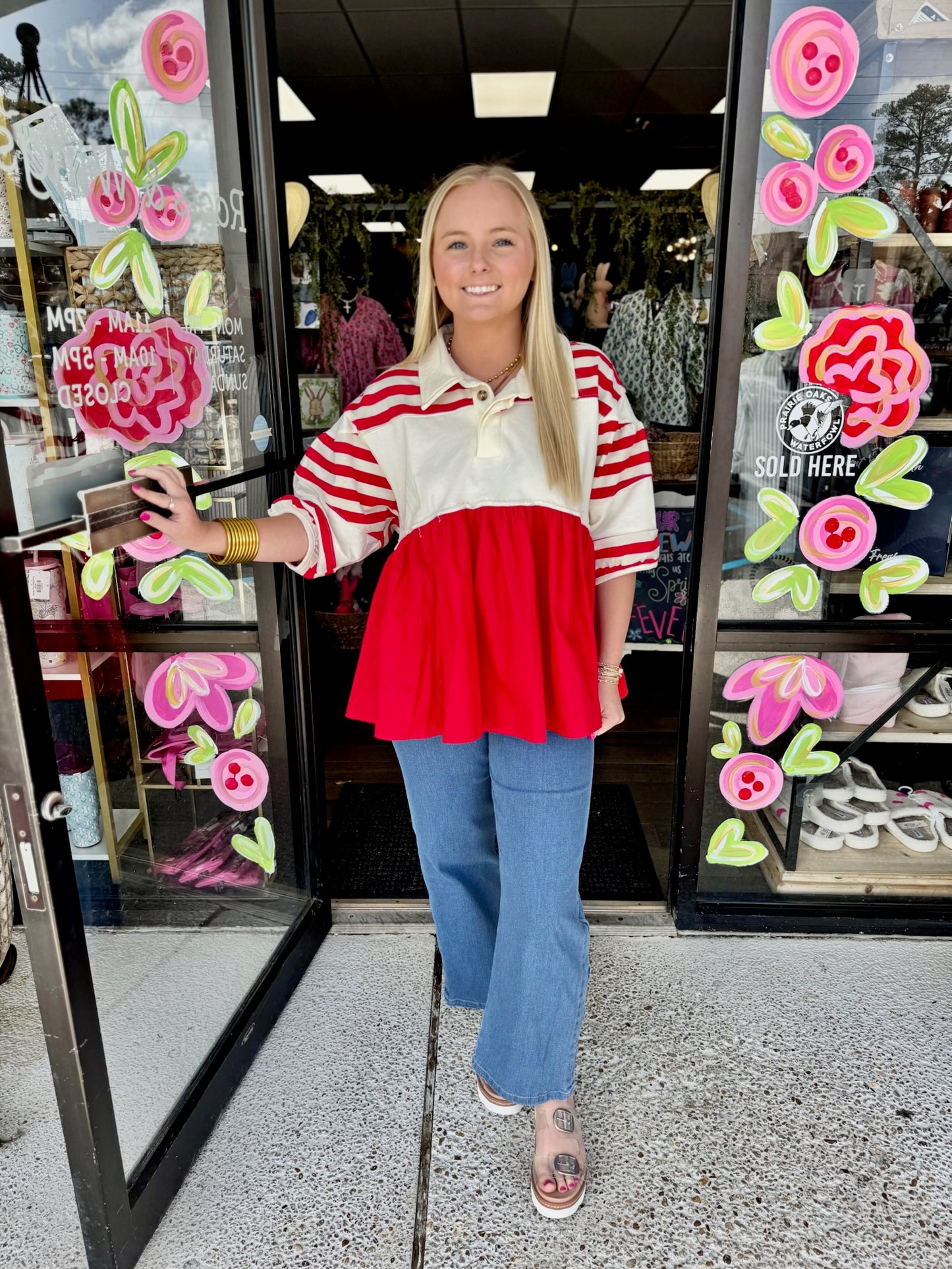 Short Puff Sleeve-Red/Cream