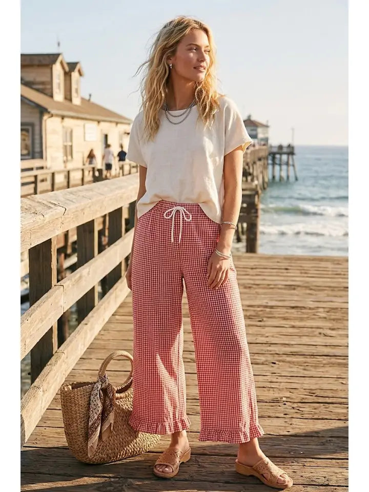 Checkered Gingham Fully Lined Pants - red