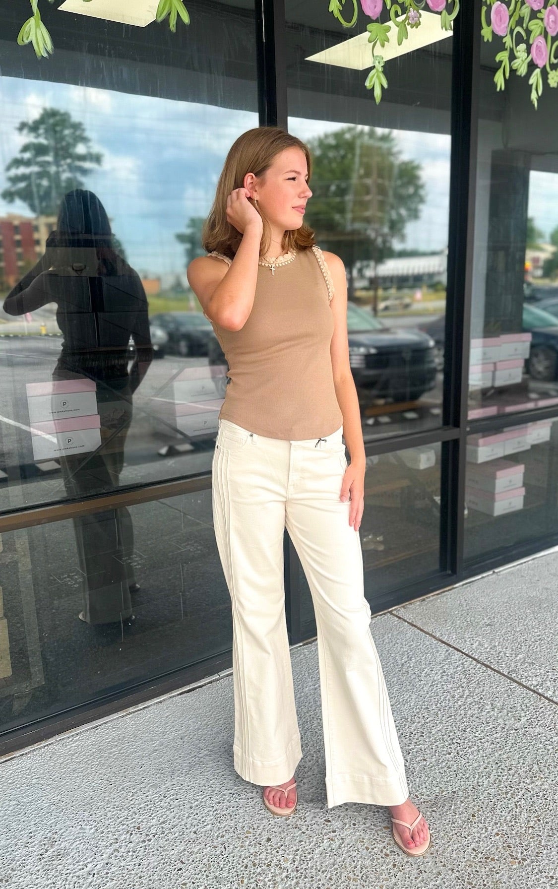 Ecru Pintuck Mid Rise Denim