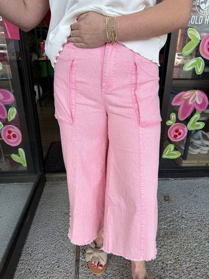 Washed Wide Crop Pants- Baby Pink