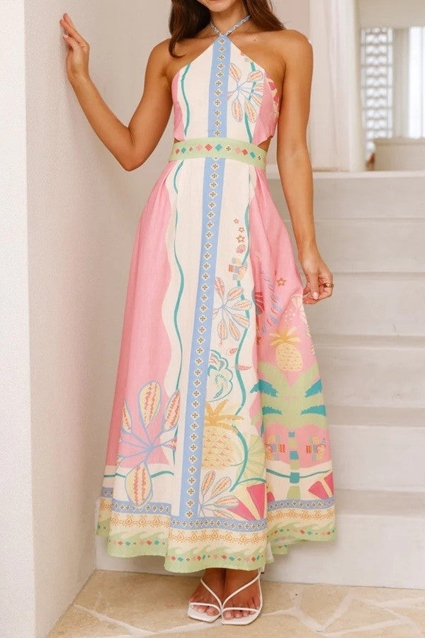 PRINT SLEEVELESS HALTER NECK DRESS-PINK