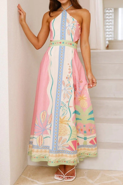 PRINT SLEEVELESS HALTER NECK DRESS-PINK