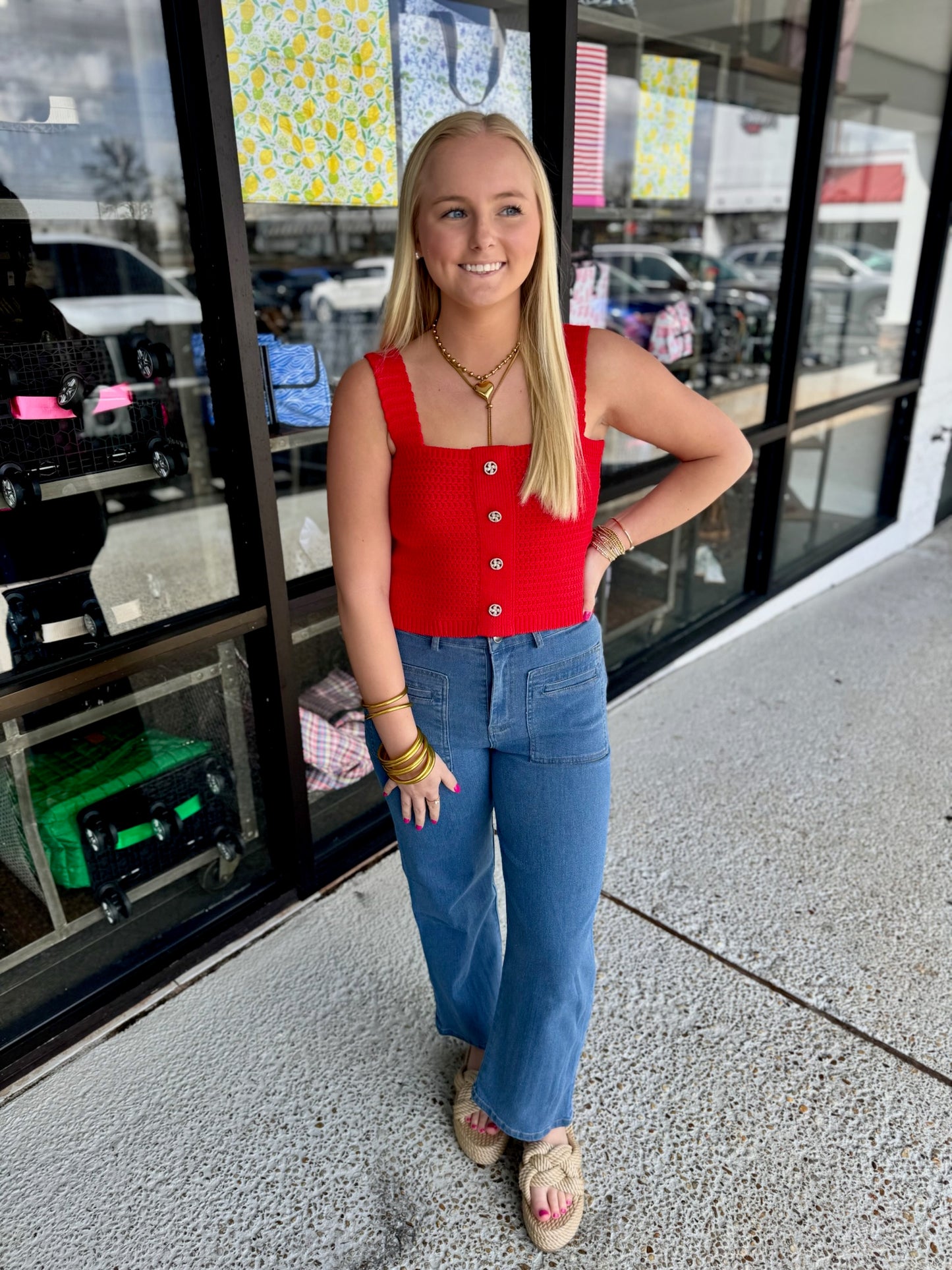 Button Crochet Crop Top- Red