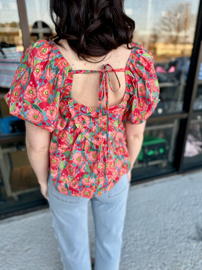 Floral Asymmetrical Blouse-Red