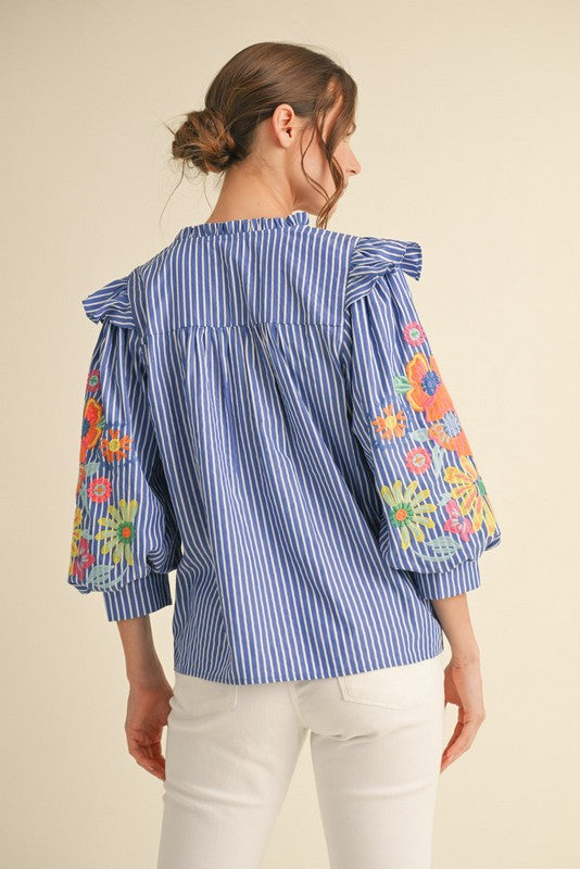 Embroidered Stripe Denim Top