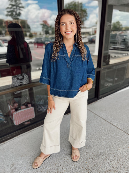 V Neck Denim Swing Top