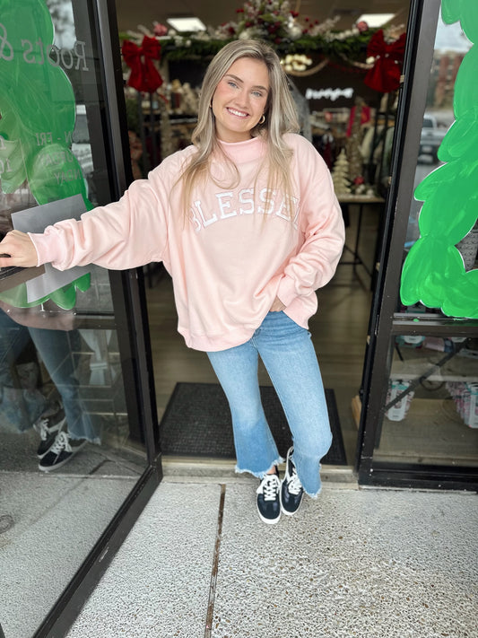 Blessed Embroidered Mockneck-Baby Pink