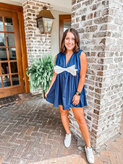 Poplin Romper Dress- Navy/White