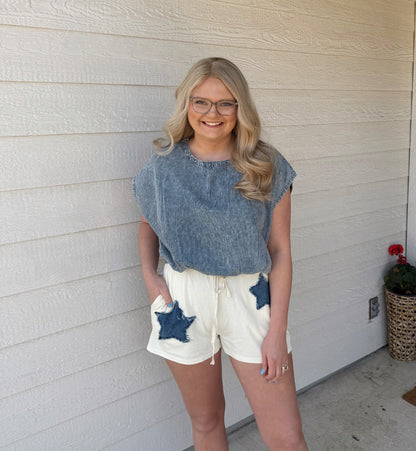 Frayed Star Patch Shorts-Bone