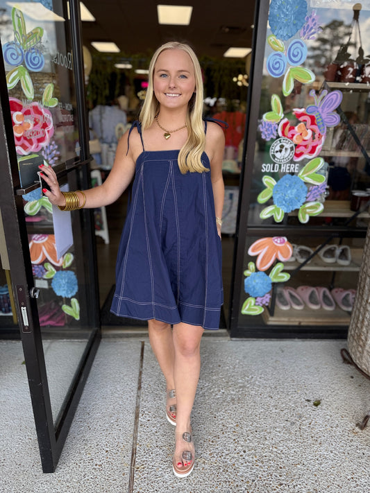 Contrast Top Stitch Mini Dress-Navy