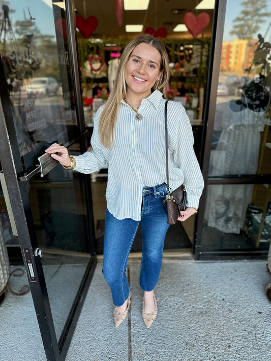 Dolman Cutie Top- cream/Blue Stripe