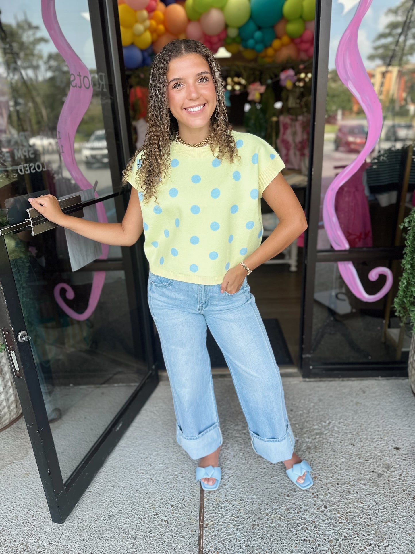 Polka Babe Top - lemon/lt blue