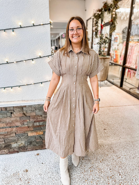 Cinched Striped Midi Dress- Mocha