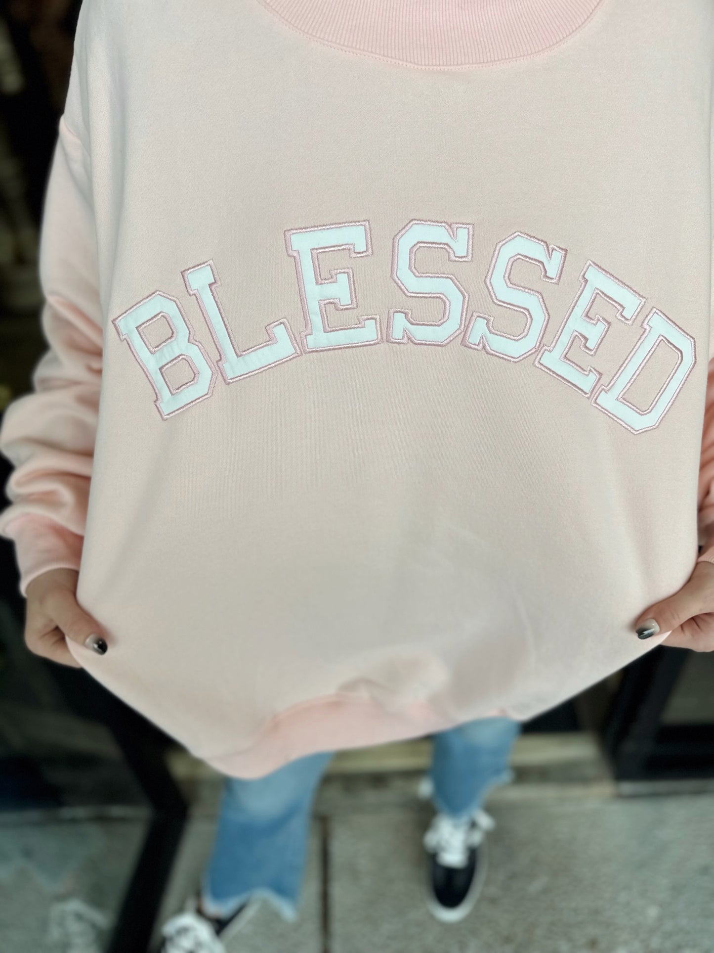 Blessed Embroidered Mockneck-Baby Pink
