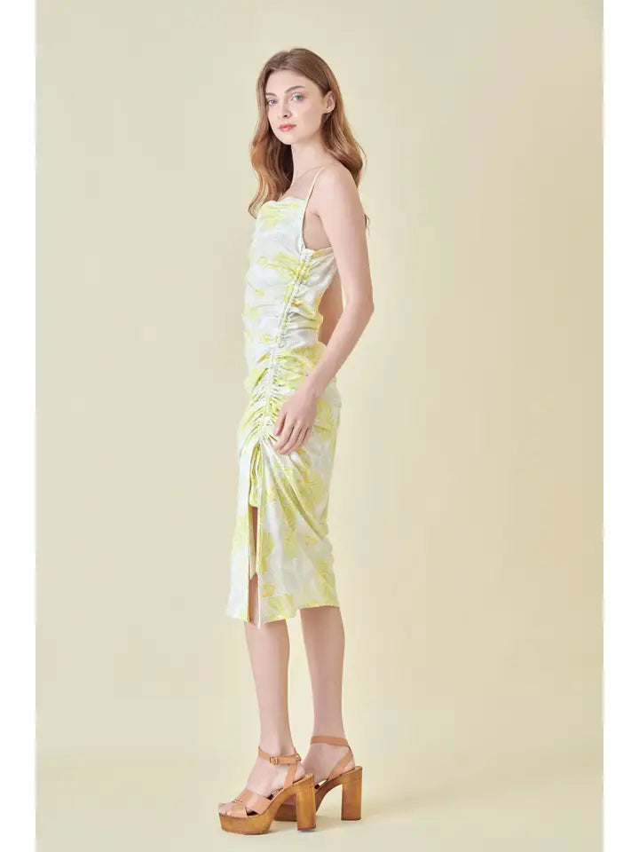 Floral Ruched Midi Dress - yellow