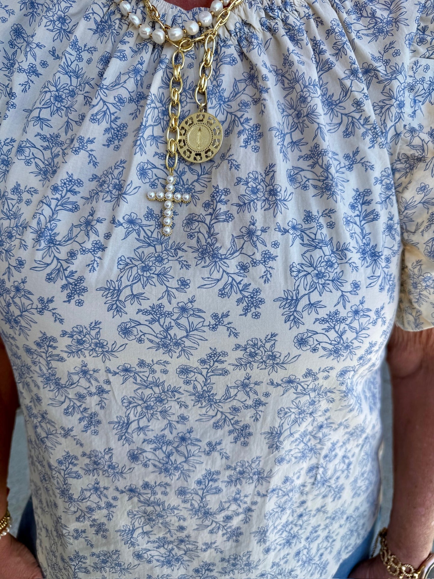 Floral Ruffle Sleeve- Blue/Natural