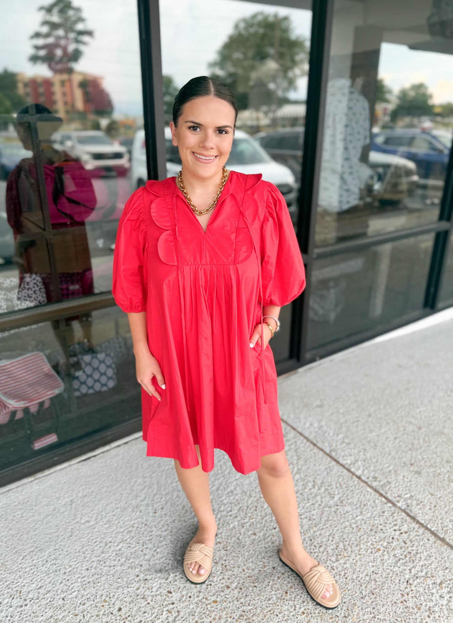 Scallop Puff Dress-Cherry Red