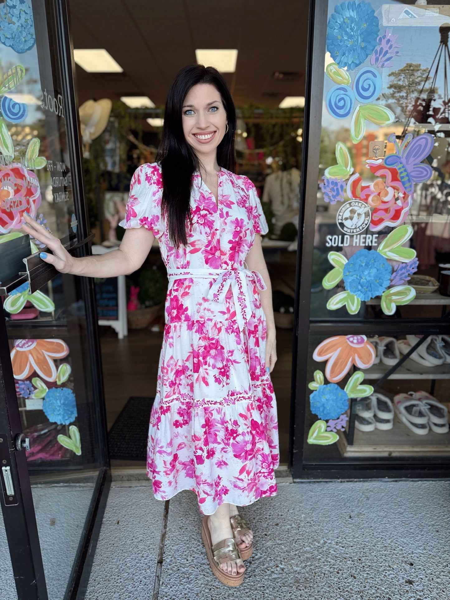 FLORAL PRINTED MIDI DREES W/CONTRAST BELT-PINK MULTI