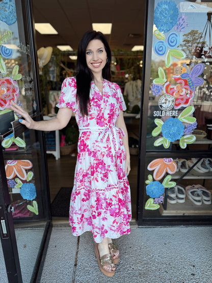 FLORAL PRINTED MIDI DREES W/CONTRAST BELT-PINK MULTI