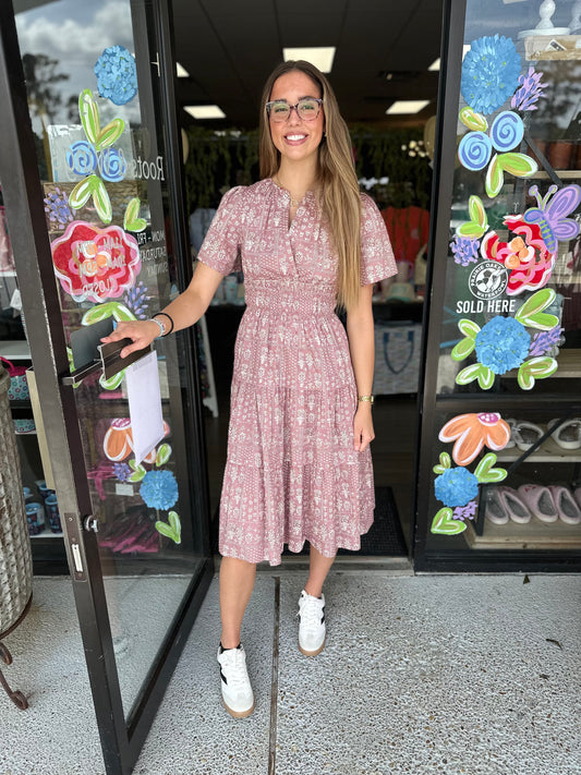 Lacy Pintuck Midi Dress - Pink