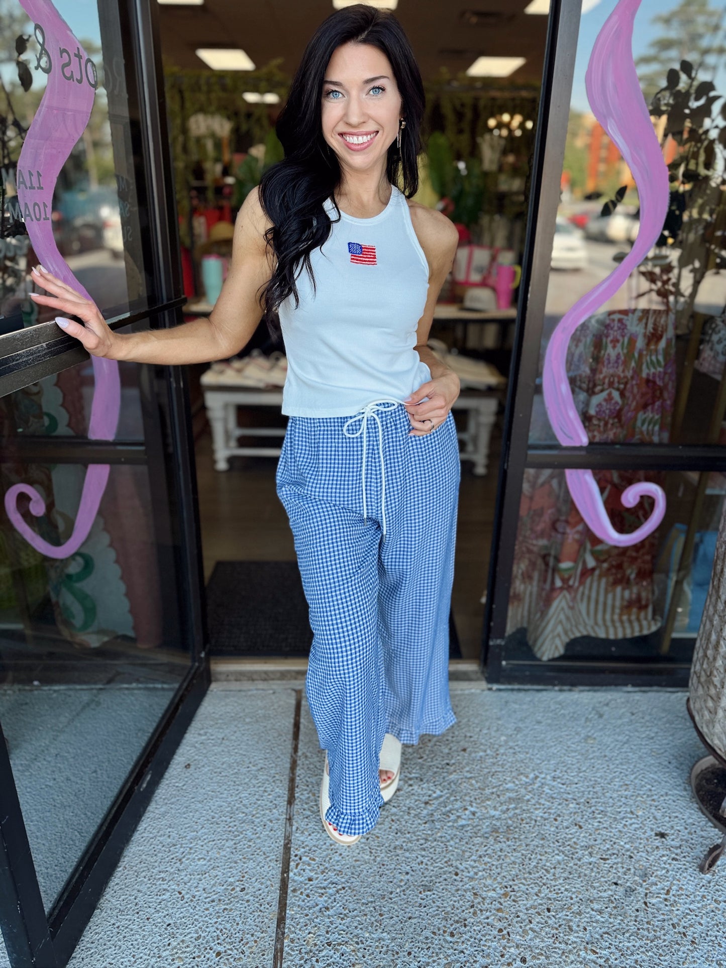 Checkered Gingham Fully Lined Pants - navy
