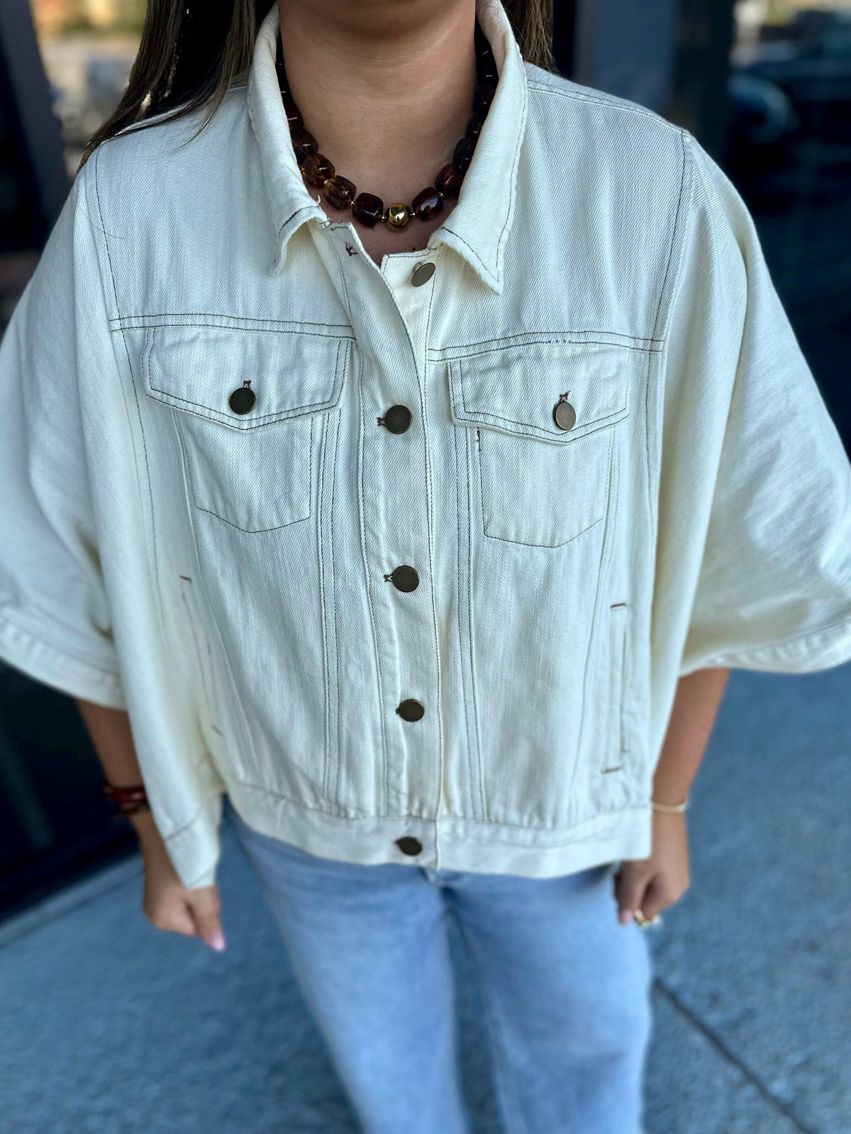 Ivory Oversized Cape Sleeve Cropped Denim Jacket