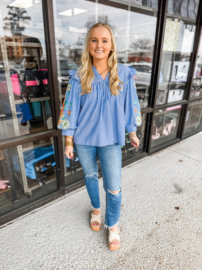 Embroidered Stripe Denim Top