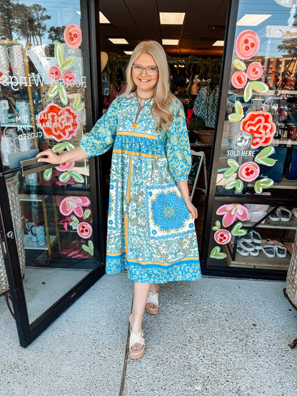 Boho Print Midi Dress-Aqua