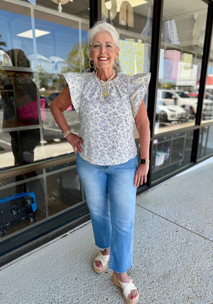 Floral Ruffle Sleeve- Blue/Natural