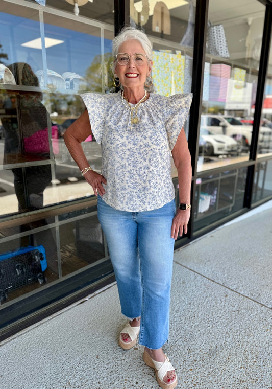 Floral Ruffle Sleeve- Blue/Natural