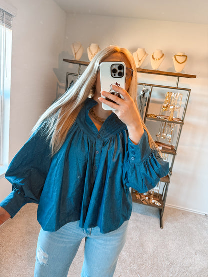 Pleated Yoke Button Down Top- Denim