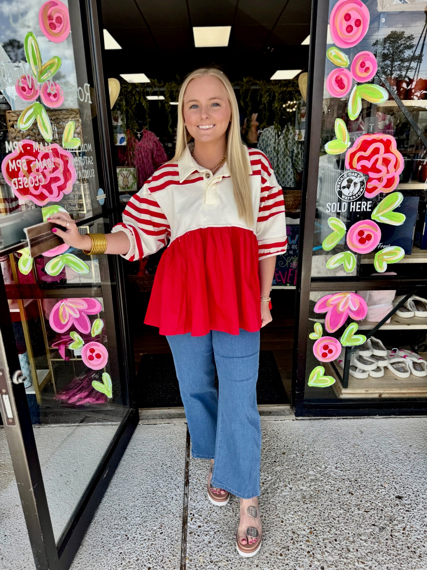 Short Puff Sleeve-Red/Cream