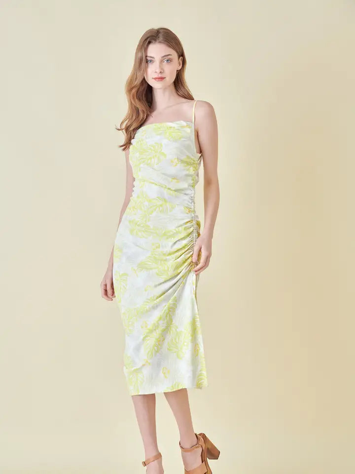 Floral Ruched Midi Dress - yellow