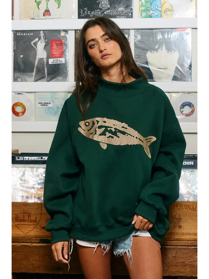 Fish-Embroidered Mock-Neck Sweatshirt - hunter green