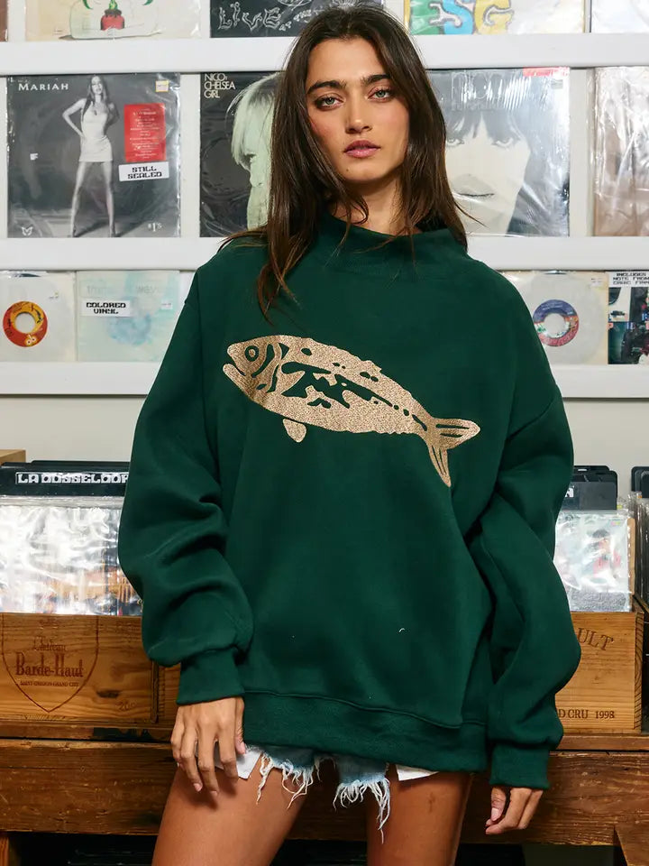Fish-Embroidered Mock-Neck Sweatshirt - hunter green