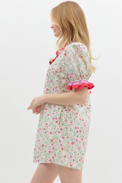 Floral Button Ruffle Mini- Pink/Ecru Mix