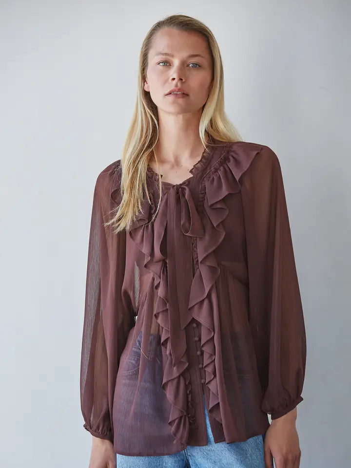 Cabernet Ruffled Front Tie Top Woven - chocolate