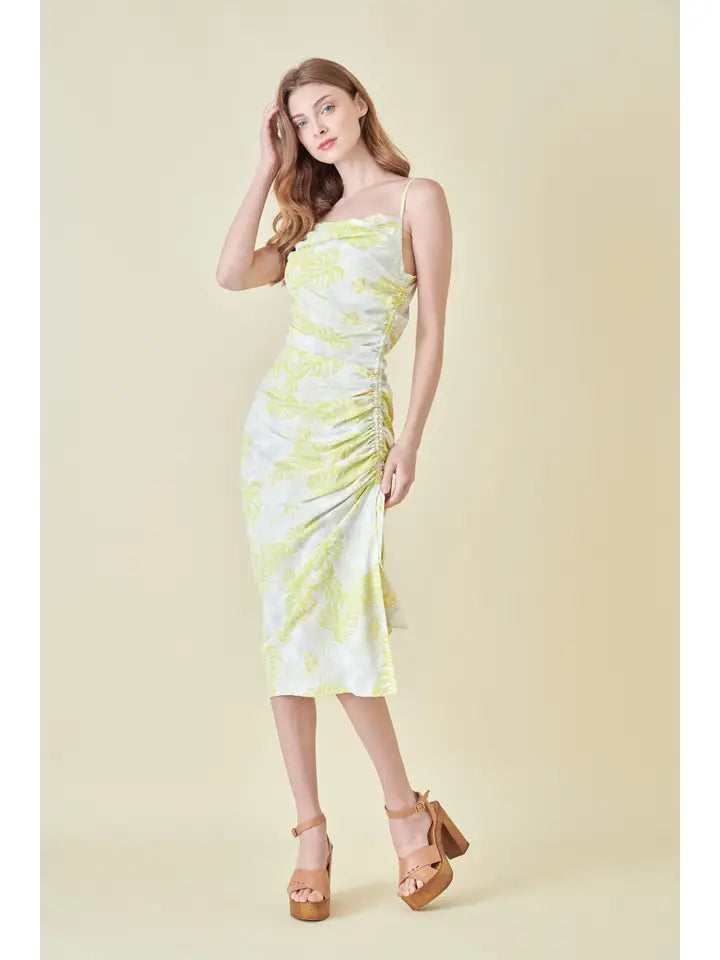 Floral Ruched Midi Dress - yellow