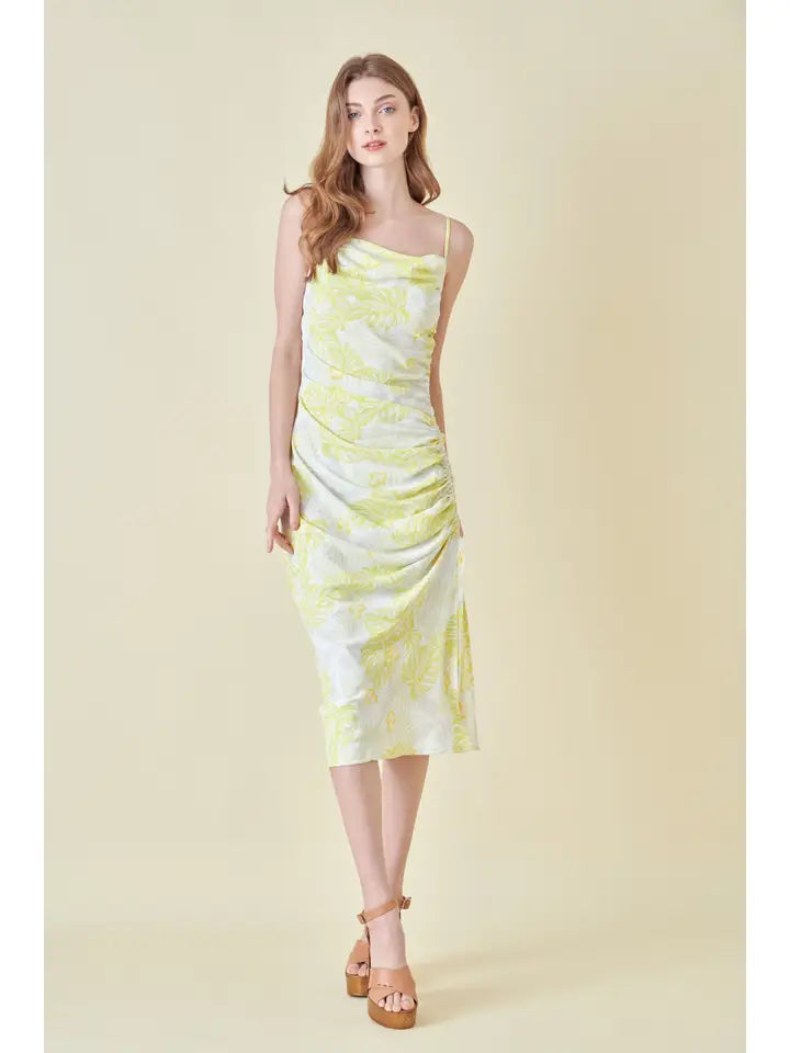 Floral Ruched Midi Dress - yellow