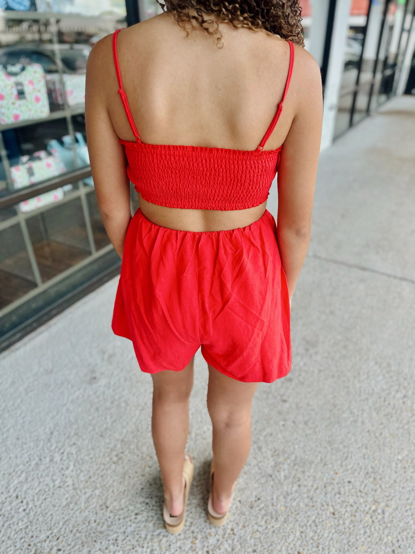 Linen Flower Jumpsuit-Red